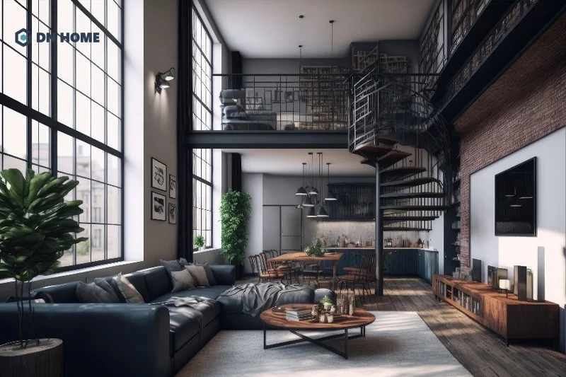 Cầu thang sắt gác lửng hình xoắn ốc thiết kế quay quanh trục trung tâm, tối ưu diện tích hiệu quả