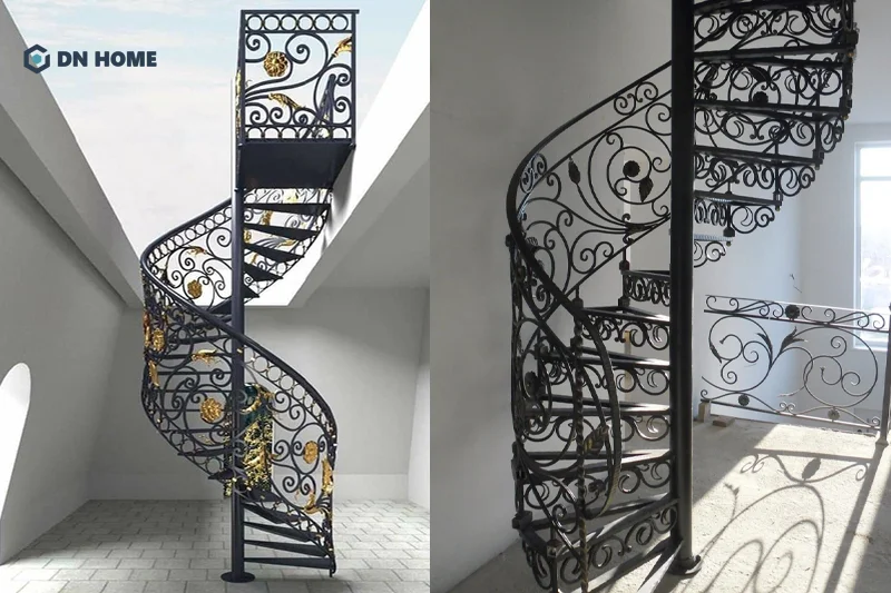 Cầu thang sắt lửng mỹ thuật có hệ thống lan can với hoa văn uốn lượn tinh xảo