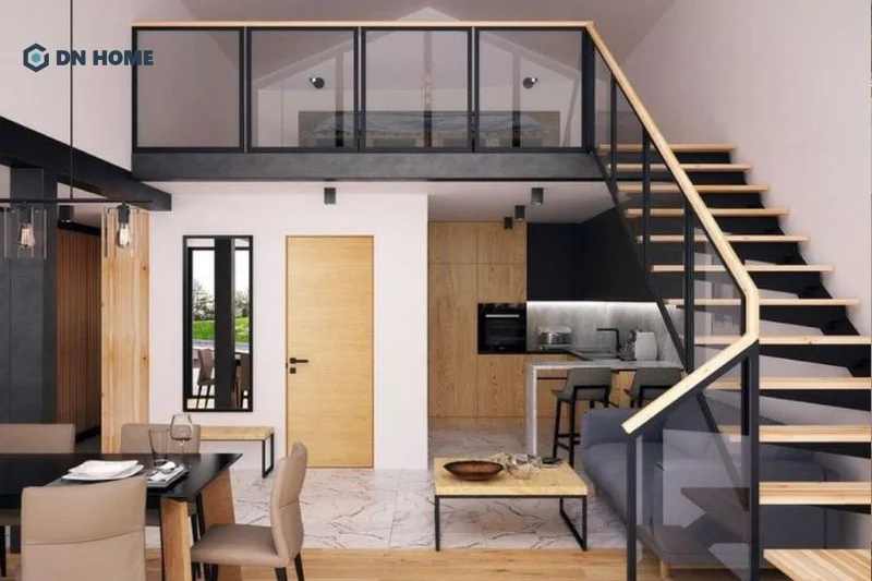 Mẫu cầu thang gác lửng bằng sắt thiết kế kết hợp với chất liệu gỗ và kính