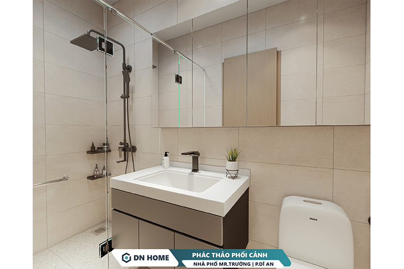 Phòng vệ sinh sử dụng gam màu trung tính sáng, vừa tinh tế vừa tạo cảm giác rộng thoáng hơn