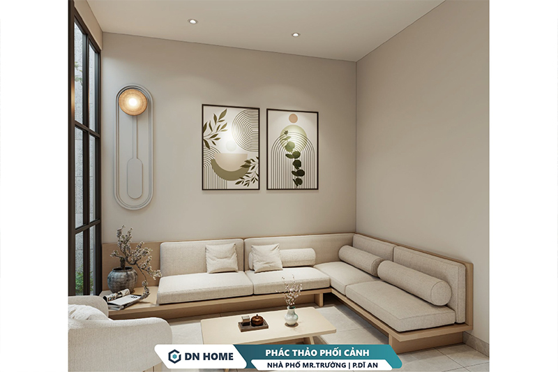 Khu vực phòng khách được thiết kế tinh gọn, thể hiện rõ tinh thần mộc mạc của phong cách Wabi Sabi