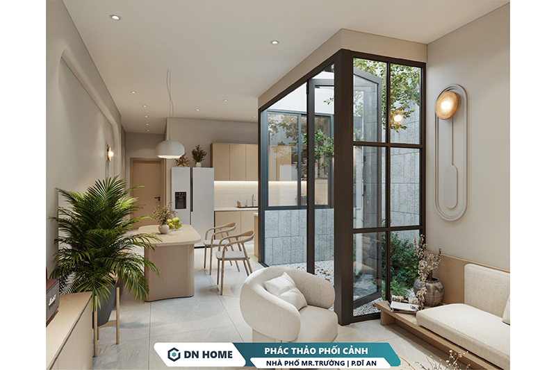 Phòng bếp - ăn được thiết kế liên thông với phòng khách tạo cảm giác liền mạch, ấm cúng