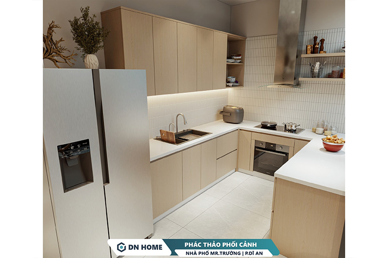 Hệ tủ bếp được thiết kế tối giản nhằm tối ưu tiện nghi, diện tích nhưng vẫn đảm bảo thẩm mỹ