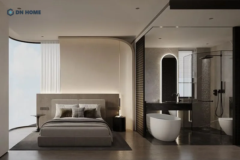 Nên ưu tiên sử dụng gạch lát hoặc đá khi thiết kế nhà vệ sinh trong phòng ngủ để tránh ẩm mốc, trơn trượt