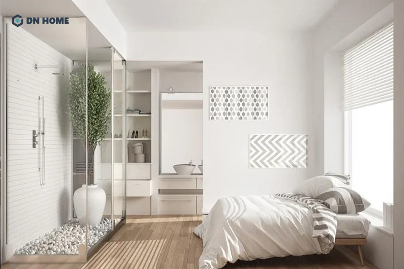 Nên lựa chọn tủ âm tường, nội thất thông minh để tối ưu diện tích phòng ngủ 15m2 có nhà vệ sinh
