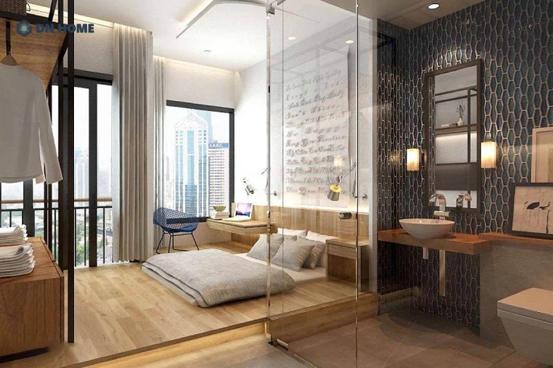 Nên sử dụng vách ngăn kính khi thiết kế nhà vệ sinh trong phòng ngủ 15m2 để tối ưu diện tích