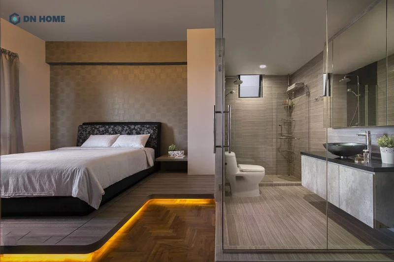 Sử dụng chất liệu gỗ làm chủ đạo khi thiết kế phòng ngủ nhà vệ sinh khép kín tạo cảm giác gần gũi, ấm cúng