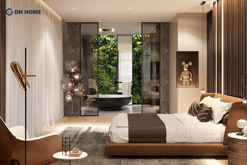 Phòng ngủ 20m2 với nhà vệ sinh được thiết kế khép kín giúp sinh hoạt hằng ngày thêm tiện lợi