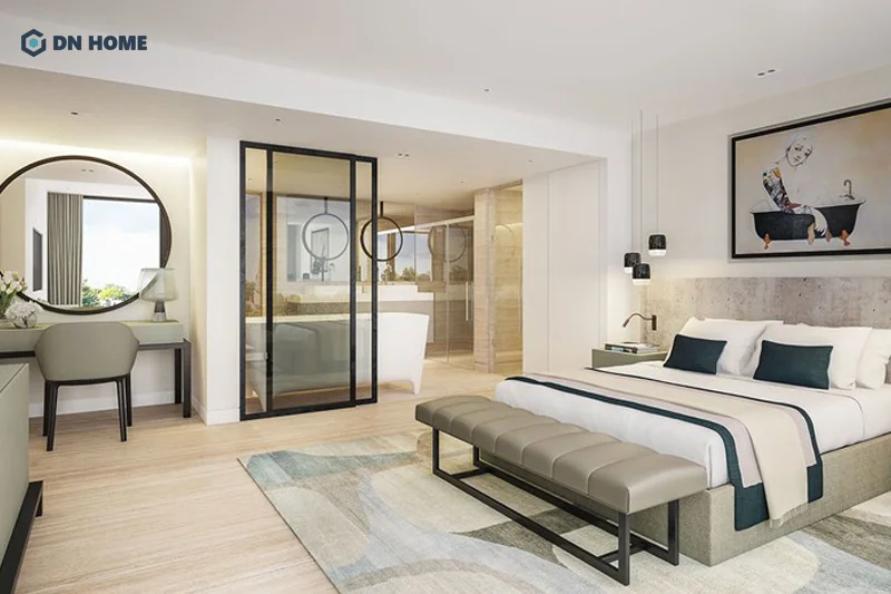 Ưu tiên chất liệu kính, kim loại để nâng cao tính thẩm mỹ không gian nội thất phòng ngủ nhà vệ sinh khép kín