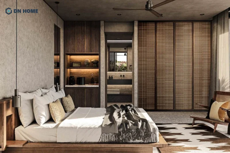 Mẫu thiết kế phòng ngủ diện tích 25m2 có nhà vệ sinh theo phong cách mộc mạc, gần gũi với thiên nhiên