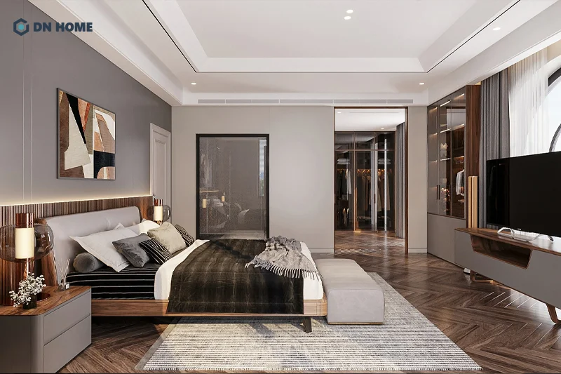 Phòng ngủ diện tích 25m2 cho phép đặt nhà vệ sinh xa với giường, không phạm phải tối kỵ phong thủy