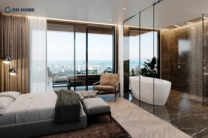 Có thể sử dụng chất liệu kính và đá để tạo nên không gian nội thất xa hoa và đẳng cấp cho phòng ngủ nhà vệ sinh khép kín