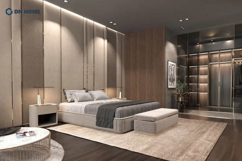 Mẫu thiết kế phòng ngủ 30m2 có nhà vệ sinh khép kín kết hợp với phòng thay đồ nâng cao sự tiện lợi