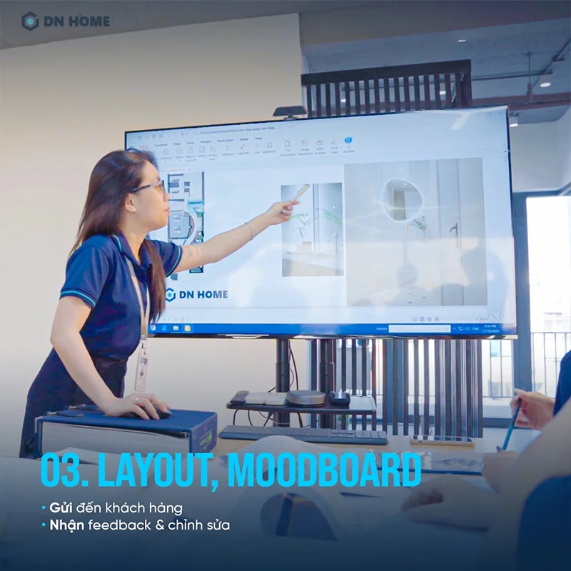 Dựa vào thông tin khảo sát, kiến trúc sư tại Nội Thất Điểm Nhấn sẽ xây dựng sơ đồ mặt bằng và moodboard gửi đến khách hàng