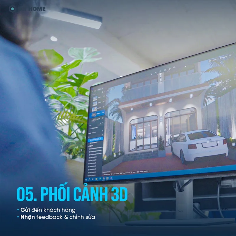 Kiến trúc sư tại Nội Thất Điểm Nhấn phối cảnh 3D giúp chủ doanh nghiệp hình dung rõ hơn không gian văn phòng khi được hoàn thiện