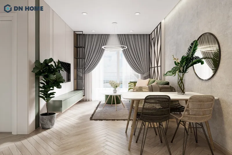 Thiết kế phòng khách và bếp liên thông giúp tối ưu diện tích cho căn hộ 65m2 2 phòng ngủ