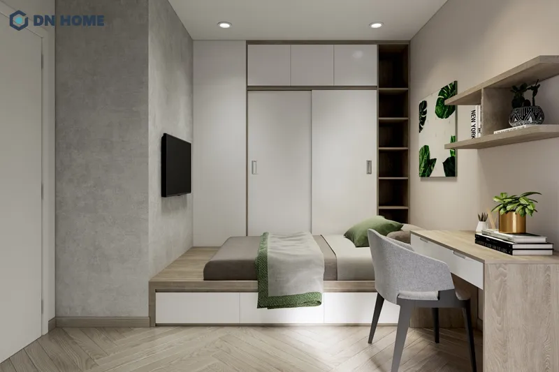 Nội thất thấp và nhỏ gọn tạo cảm giác không gian phòng ngủ ấm cúng và thoải mái