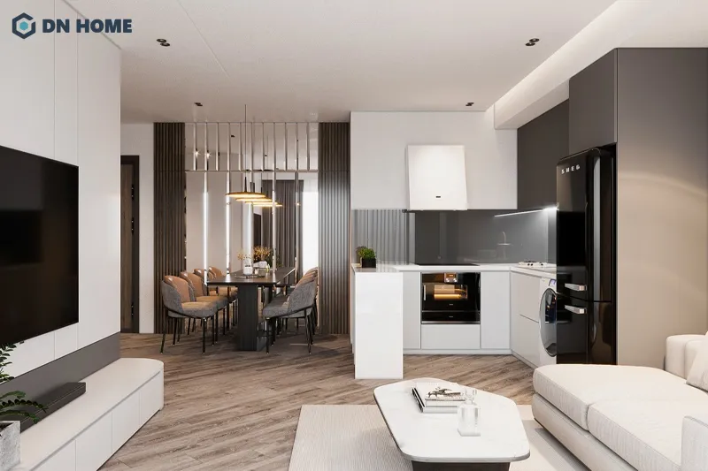 Chất liệu gương, kim loại được sử dụng tạo điểm nhấn trong không gian chung cư 65m2