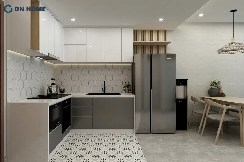 Màu trắng, xám ghi nhạt giúp căn hộ chung cư 65m2 thêm phần thoáng đãng, rộng rãi