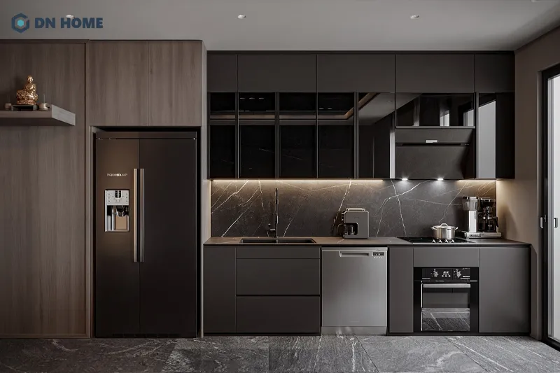 Tone màu trầm được sử dụng chủ đạo trong thiết kế chung cư 2 phòng ngủ tạo cảm giác quyền quý