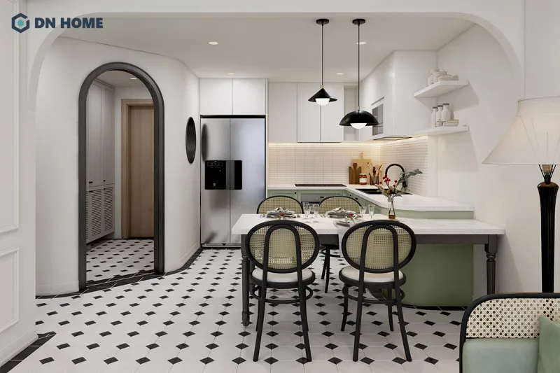 Khu vực phong khách - bếp ăn được thiết kế liên thông giúp tối ưu không gian hiệu quả