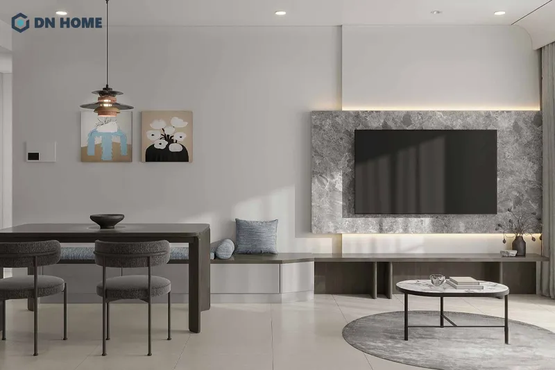 Tone màu trắng, xám trung tính được sử dụng chủ đạo trong chung cư 2 phòng ngủ hiện đại