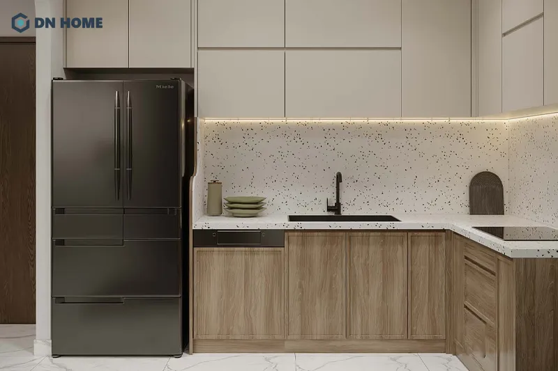 Các họa tiết vân đá, vân gỗ ngẫu nhiên là điểm nhấn trong thiết kế chung cư Wabi Sabi