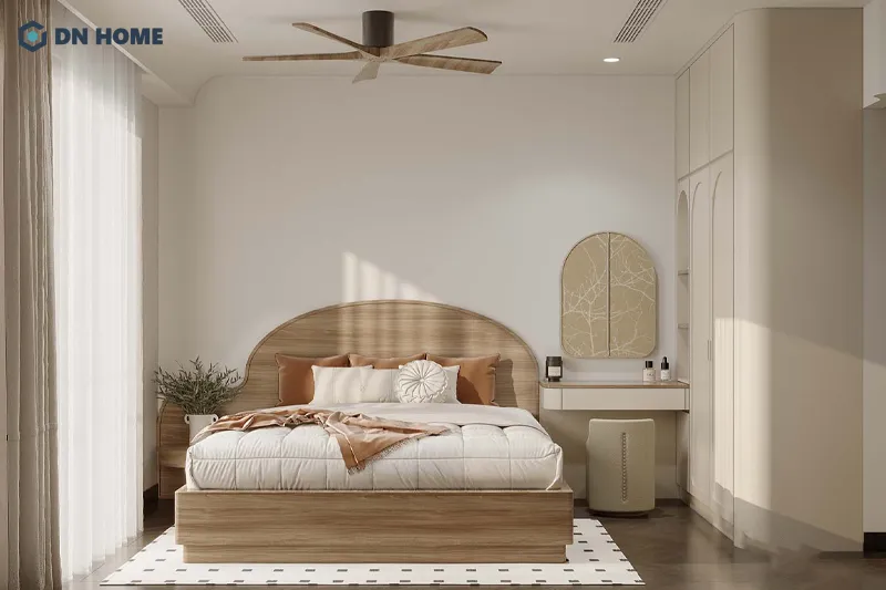 Không gian phòng ngủ ấm cúng và dễ chịu trong không gian nội thất chung cư Wabi Sabi