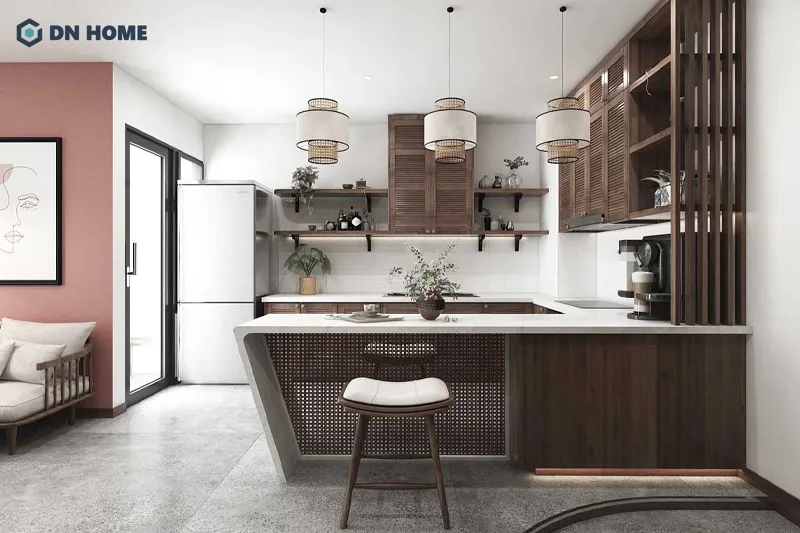 Không gian phòng khách và bếp ăn được thiết kế liên thông, tạo cảm giác gắn kết