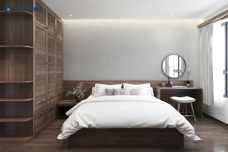 Chất liệu gỗ chủ đạo giúp không gian phòng ngủ thêm phần ấm cúng, thân thuộc