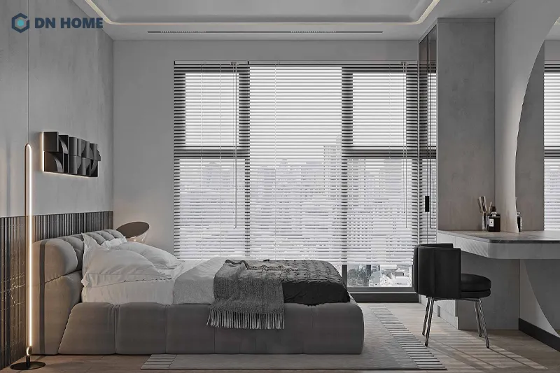 Không gian phòng ngủ trong căn hộ chung cư phong cách tối giản được thiết kế thoáng đãng