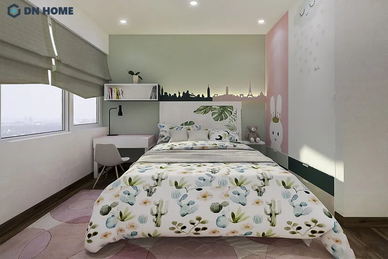 Phòng ngủ được thiết kế đơn giản, kết hợp cùng giấy dán tường tạo điểm nhấn sinh động