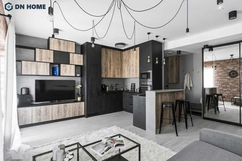 Chất liệu thô mộc như gỗ và kim loại được sử dụng chính trong thiết kế căn hộ phong cách Industrial