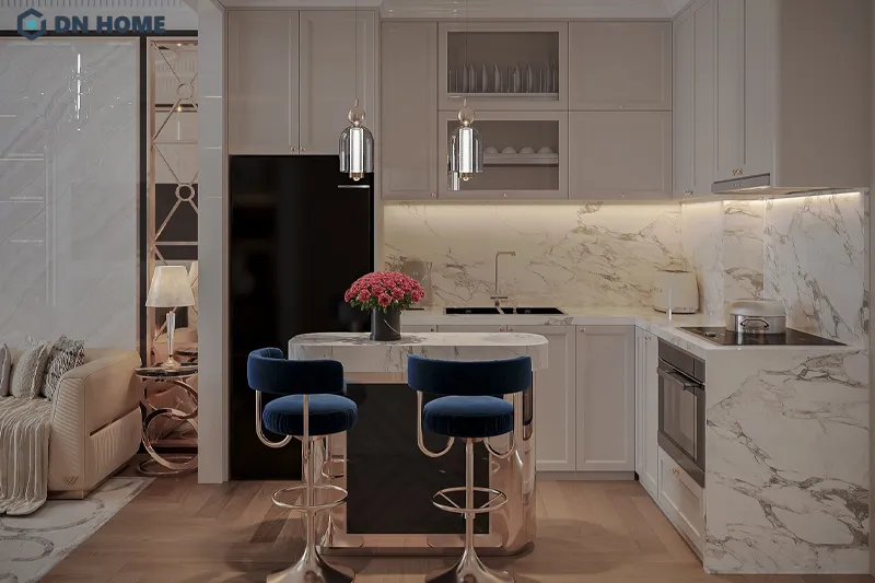 Khu vực phòng bếp chung cư được thiết kế theo không gian mở để tối ưu diện tích tốt hơn