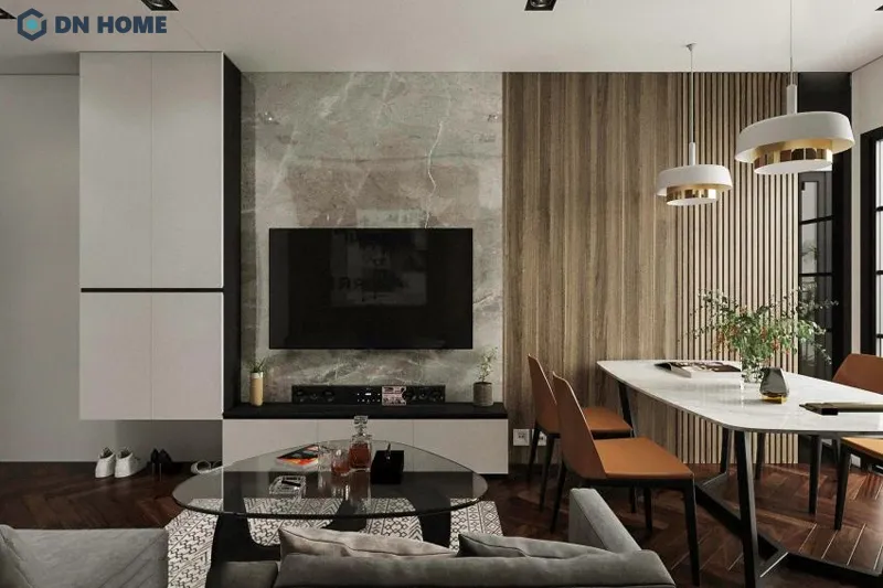 Chất liệu đá, kim loại và kính giúp không gian nội thất chung cư trông hiện đại, thời thượng hơn