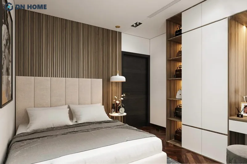 Không gian phòng ngủ được thiết kế tối ưu diện tích nhưng vẫn có điểm nhấn thẩm mỹ