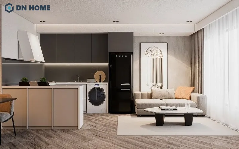 Thiết kế nội thất chung cư 60m2 với phong cách hiện đại, bố trí không gian phòng khách và nhà bếp liên thông với nhau