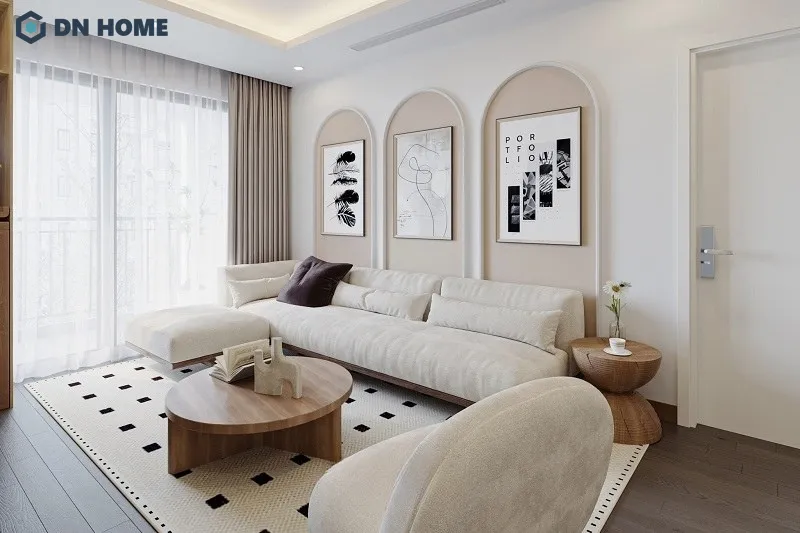 Mẫu phòng khách dùng tone trắng làm chủ đạo, đem lại vẻ đẹp tinh tế cho căn hộ