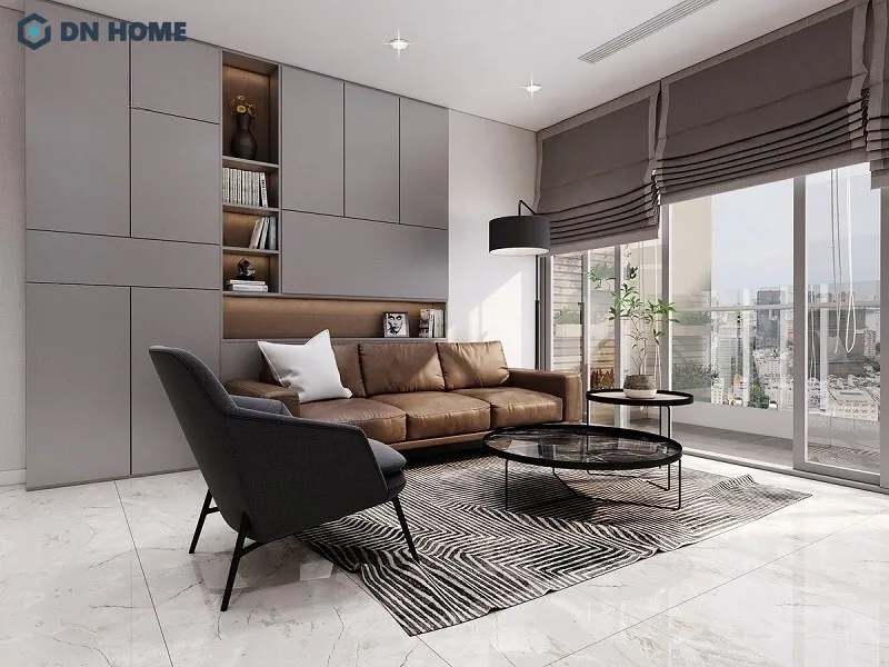Thiết kế nội thất chung cư 60m2 với phòng khách dùng tủ âm tường nhằm tiết kiệm diện tích hạn chế