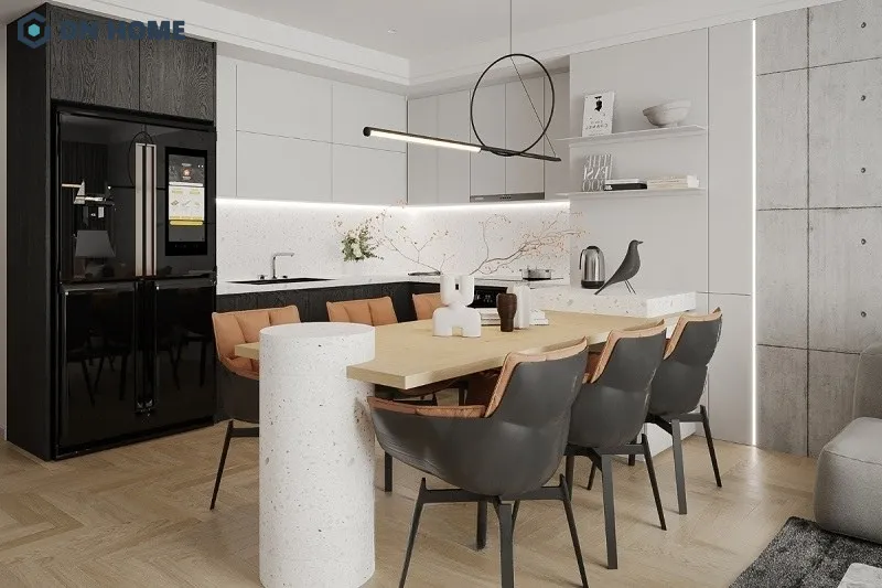 Bố trí bàn ăn theo trục dọc giúp tinh gọn không gian