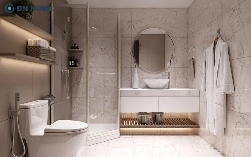 Thiết kế nội thất chung cư 60m2 với phòng tắm sử dụng vách kính ngăn giữa khu vực tắm và vệ sinh