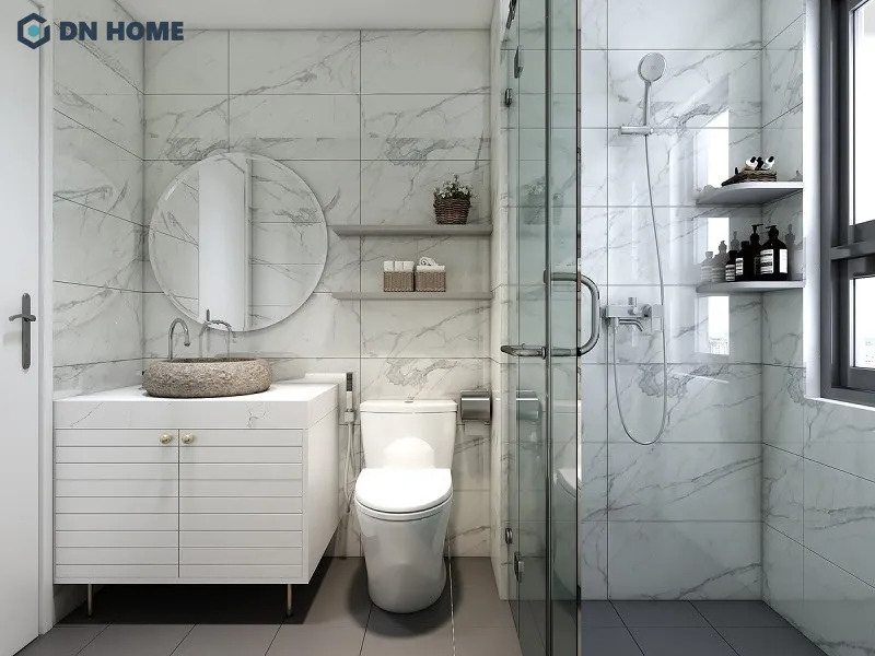 Thiết kế phòng tắm với gạch ốp tường vân mây làm cho không gian bớt đơn điệu