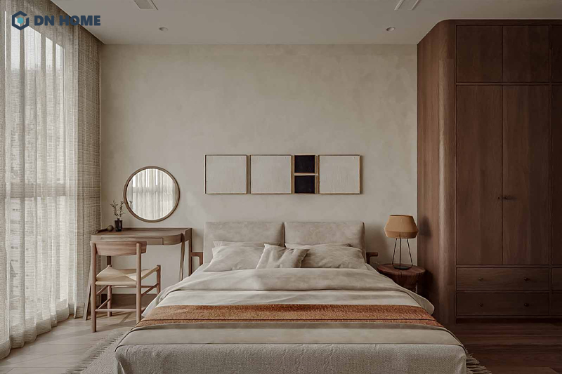 Không gian phòng ngủ đầy thư giãn, gần gũi trong chung cư 70m2 phong cách Japandi