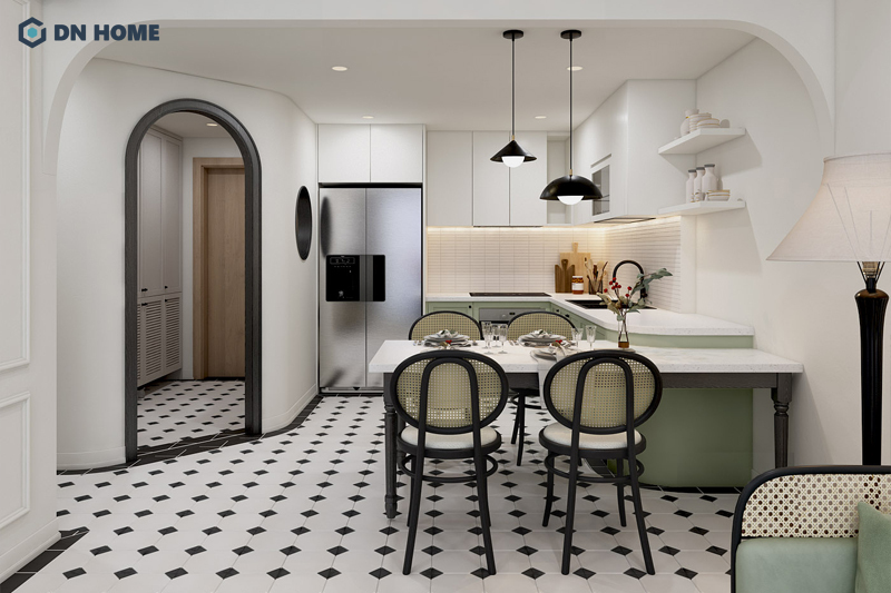 Gạch bông họa tiết là điểm đặc trưng trong thiết kế chung cư phong cách Indochine