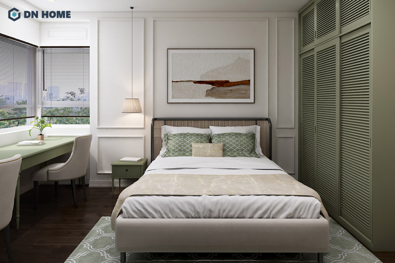 Chất liệu gỗ và tone màu trầm ấm giúp không gian phòng ngủ thêm phần ấm cúng