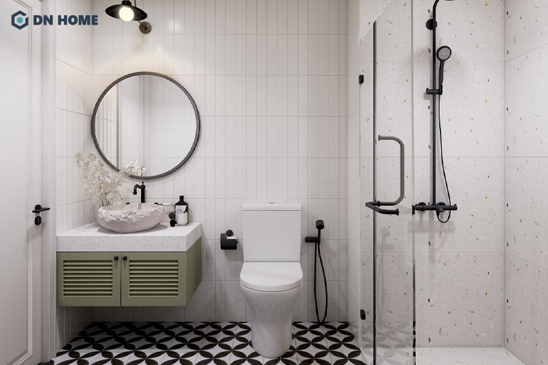 Nhà vệ sinh được thiết kế tối giản giúp tiết kiệm diện tích nhưng vẫn đảm bảo thẩm mỹ và tiện nghi