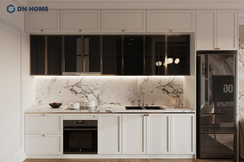 Chất liệu đá được sử dụng trong phòng bếp giúp dễ vệ sinh, lau chùi giúp giữ vẻ đẹp bền lâu