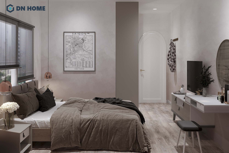 Phòng ngủ phụ được thiết kế với các đường nét đơn giản, sử dụng nội thất đa năng