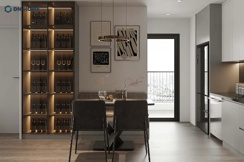 Các chất liệu như kim loại, kính và gỗ công nghệ được sử dụng phổ biến trong không gian nội thất chung cư 90m2