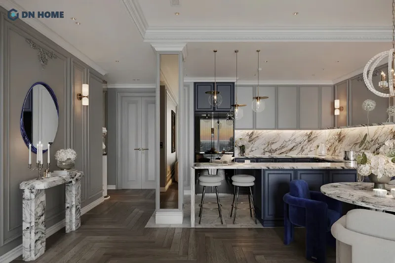 Không gian bếp ăn được thiết kế liên thông với phòng khách giúp tối ưu diện tích hiệu quả